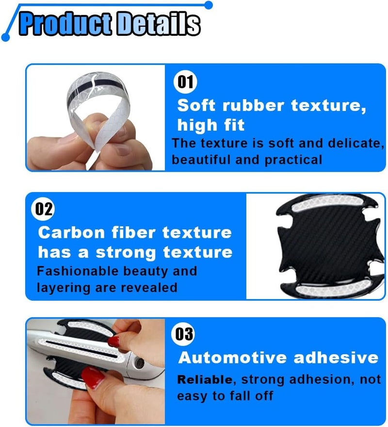BDZMC 8PCS Reflective Car Handle Protector - Carbon Fiber Door Guard, Anti-Scratches Paint Guard, Self-Adhesive (White) - Image 3